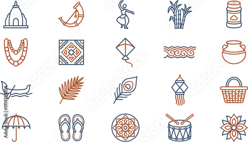 Modern vector line icons illustrating South Asian cultural traditions and festive celebrations with diverse symbolic elements