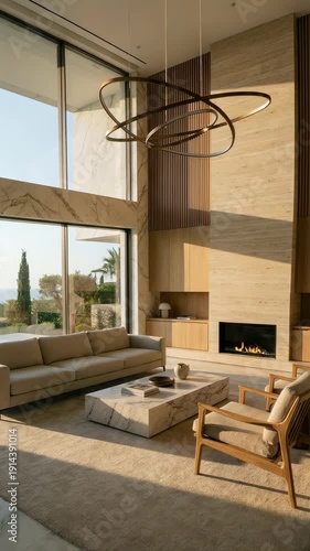 Luxury modern apartment living room, cinematic slow-motion shot, sleek high-end furniture, marble floor, stunning city view, contemporary design, upscale interior, elegant and stylish atmosphere