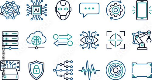 Modern Digital Transformation Vector Icons Representing Artificial Intelligence, Data Science, and Future Technologies
