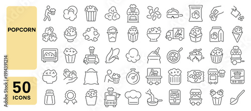 Set of 50 line icons related to popcorn, corn, snack, popcorn bucket, kernel, popcorn shop, Editable stroke. Vector illustration
