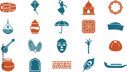 Vibrant Vector Icon Set Showcasing Rich Traditional Indian Culture and Festive Celebrations Elements