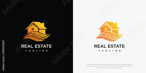 Modern Real Estate Logo Design House Home Property Icon with Gradient Wave Element.