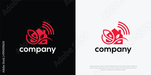 Red Smart Home Logo with Wi-Fi Signal and Leaf. Eco-Friendly Technology  Sustainable Living Icon.