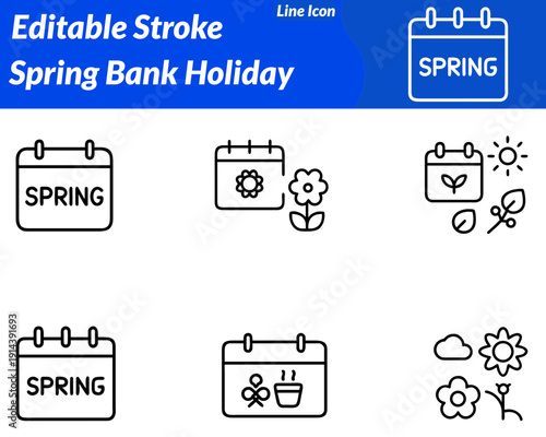 Spring Bank Holiday icon featuring blooming flowers. Sunshine calendar date and festive bunting. Represents seasonal celebration public holiday relaxation travel joyful springtime events in a clean.