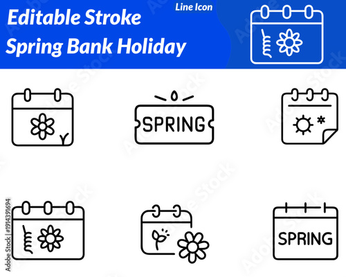 Spring Bank Holiday icon featuring blooming flowers. Sunshine calendar date and festive bunting. Represents seasonal celebration public holiday relaxation travel joyful springtime events in a clean.