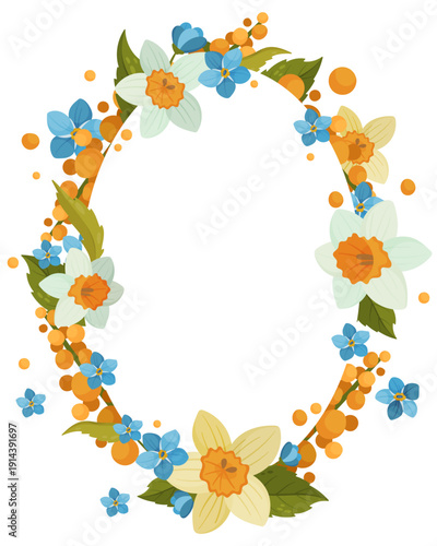 Oval wreath frame made of spring flowers, including daffodils, mimosa, and blue forget-me-nots on a white background