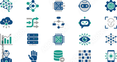 Modern vector icons for artificial intelligence, machine learning, and data technology, ideal for digital design projects