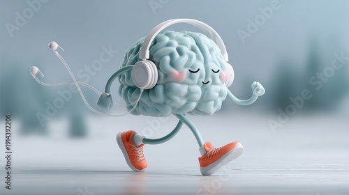 Cartoon brain character jogging outdoors in headphones and sneakers symbolizes mental wellness, active lifestyle, and positive mindset
