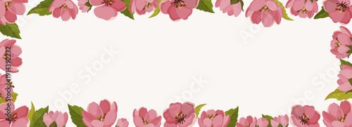 Horizontal floral banner featuring pink blossoms and green leaves. Digital hand-drawn botanical frame with copy space for spring sales, Mother's Day, and wedding headers