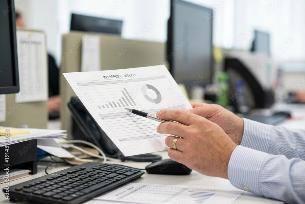 Fototapeta premium An office worker points with a pen to a bar chart on a weekly KPI report document, analyzing business performance data.