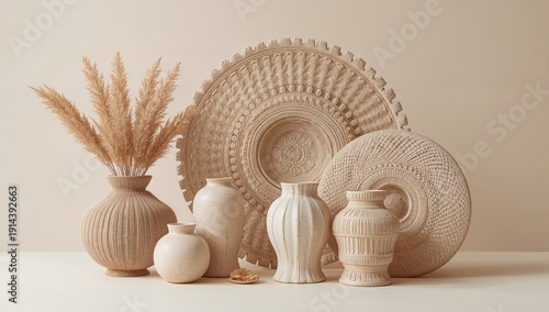 Display of Neutral Vases With Dried Plants on a Simple Background in a Warm S...