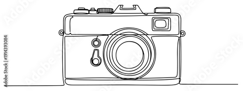 Vintage photo camera one line drawing. Classic retro analog photography equipment and creative hobby concept in continuous line art.