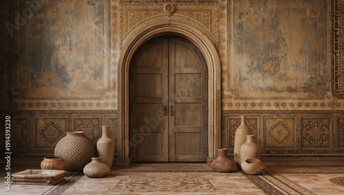 Entrance to a Room With Decorative Wall and Clay Pots in a Traditional Setting