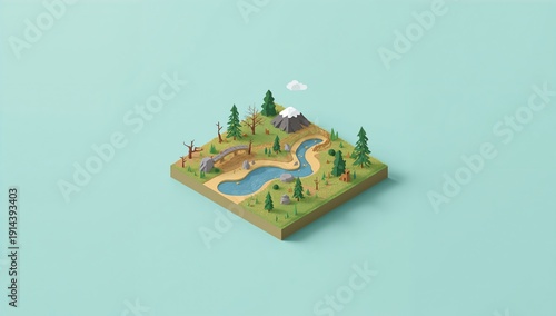Mountain Landscape With River, Trees, and Hills in a Minimal Design Style