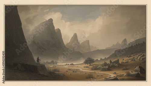 Mountain Landscape With a Figure Standing by a River at Dusk in a Remote Valley