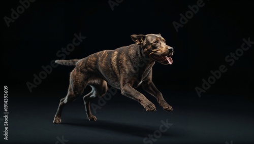 Dog Running Happily in a Dark Studio Setting With a Simple Background