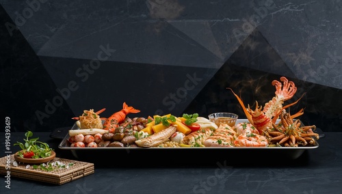 Seafood Platter With Different Types of Shellfish and Garnishes Served on a B...