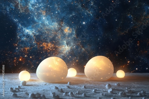 Glowing orbs on a celestial landscape with cosmic background and stardust