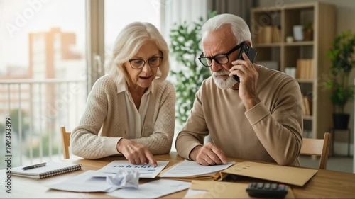 Senior Couple Reviewing Bills and Financial Documents at Home