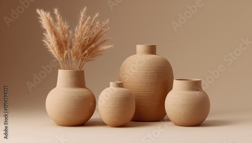 Four Simple Vases Arranged With Dried Grass on a Light Neutral Background