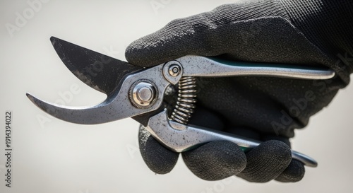 Hand holding pruning shears, close up gloved hand using essential garden tool for precise trimming. Sturdy silver metal blades of pruning shears ensure efficient cutting for horticulture.