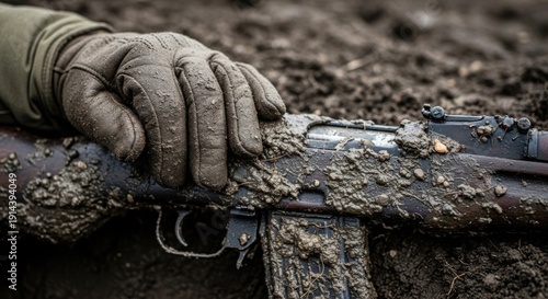 Gloved hand resting on muddy military weapon in a dirt trench, close up view of rifle covered in grime and mud, an old military weapon signifying hardship and conflict.