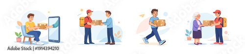 People receiving and delivering packages on different occasions, flat vector illustration