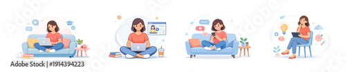 Woman with laptop and smartphone in various settings, flat vector illustration