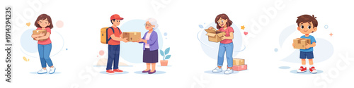 People delivering and receiving packages, flat vector illustration