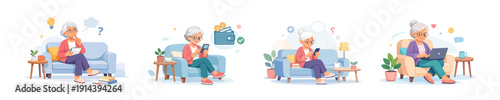 Elderly woman engaging with technology in various settings, flat vector illustration