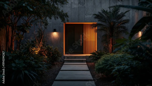 Bright Entryway Leads to a Modern Home at Night Surrounded by Tropical Plants