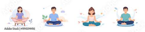 People meditating in different positions, flat vector illustration. Set of flat vector characters illustrations. 
