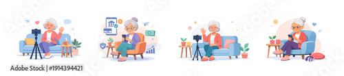 Elderly woman engaging with smartphone and camera, flat vector illustration