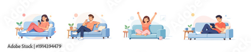 People relaxing on sofas with gadgets and books at home, flat vector illustration