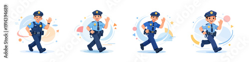 Four policemen characters walking and waving, flat vector illustration. Set of flat vector characters illustrations. 