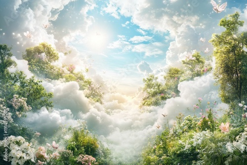 Beautiful lush landscape with vibrant flowers and fluffy clouds under a bright sky
