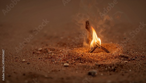 Wood Sticks Burn in Sand Under Warm Light During Evening at a Desert Location