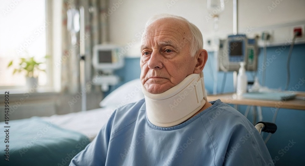 Obraz premium Elderly man sitting in hospital bed with neck brace and serious expression 