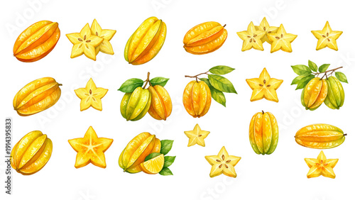 A charming watercolor collection of tropical starfruit, including whole carambolas, star-shaped slices, leafy branches, and juicy golden interiors.