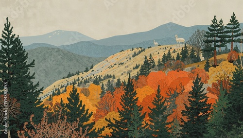 Mountains With Trees and Animals During Fall in a Rural Area