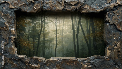 Window View of a Forest in Fog With Rocky Frame at Early Morning