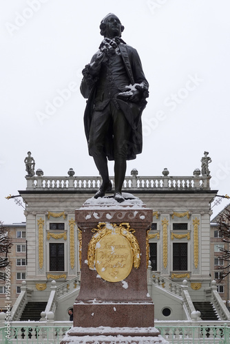Statue of Johann Wolfgang von Goethe in winter in Leipzig, Germany. 
