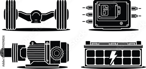Auto spare parts icons set featuring axle, ECU, motor, and battery silhouette vector illustration