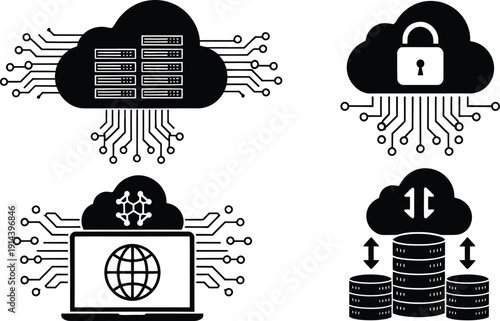 Cloud Computing and Server Security Icon Set  Vector illustration