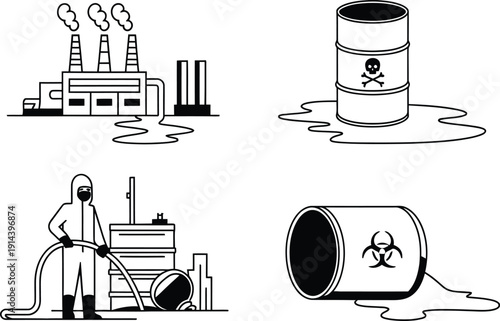 Hazardous waste and industrial pollution line art icon set vector illustration