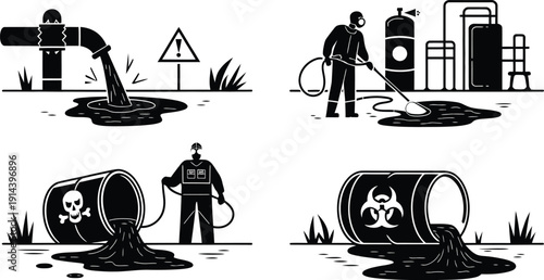 Toxic Waste Spill and Industrial Pollution Cleanup Icon Set Vector illustration