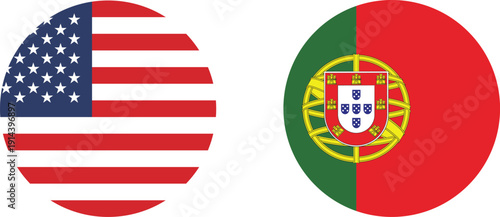 A set of circular icons of the flags of the United States of America and Portugal.