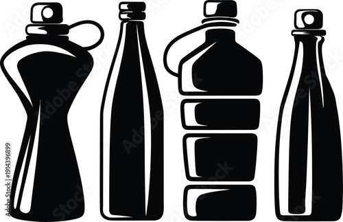 Set of various black bottle silhouettes vector icons