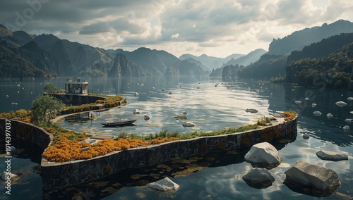 Scenic View of a Quiet Lake Surrounded by Mountains and a Small Island With C...