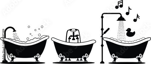 Vintage Clawfoot Bathtub and Shower Silhouette Icon Set with Bubbles and Duck